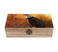 FekiLoot Boîte de rangement en bois avec couvercle à charnière - Motif aigle à tête blanche et coucher de soleil doré - Boîte à souvenirs rustique pour travaux manuels, photos, cadeaux, décoration de