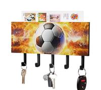 FekiLoot Burning Soccer Ball Porte-clés mural en cuir synthétique adhésif avec 5 crochets pour clés décoratives - Organiseur de courrier pour entrée, couloir, bureau, cuisine - Noir