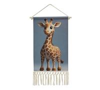 FekiLoot Cintre girafe avec pompon en lin et coton à suspendre avec cadre en bois - Impression murale pour bureau, maison, chambre à coucher, salon