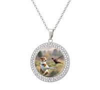 FekiLoot Collier avec pendentif en forme de faisan attrapant un chien pour homme et femme avec image personnalisée avec chaîne de 50 cm, cadeau pour la Saint-Valentin, One Size, Acier titane, Strass