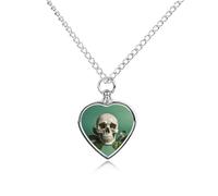 FekiLoot Collier urne en forme de tête de mort et de feuilles avec fond vert pour cendres en forme de cœur, bijou commémoratif, médaillon souvenir pour femmes et hommes pour contenir les cendres de