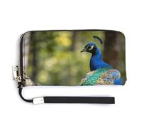 FekiLoot Élégant paon coloré sur une branche d'arbre portefeuille pour femme avec fermeture éclair dragonne en cuir PU porte-cartes fin mignon portefeuille pour femme portable voyage long sac à main