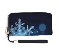 FekiLoot Élégant portefeuille de Noël bleu flocon de neige pour femme avec fermeture éclair dragonne en cuir PU porte-cartes fin mignon portefeuille pour femme portable voyage long sac à main pour
