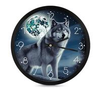 FekiLoot Horloge murale moderne avec motif loup sous la lune, sans tic-tac, horloge ronde élégante et simple, horloge décorative pour salle de bain, salon, cuisine, chambre à coucher, bureau, chambre