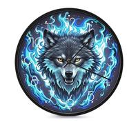 FekiLoot Horloge murale ronde en forme de tête de loup dans des flammes bleues, silencieuse, sans tic-tac, fonctionne à piles, horloge murale moderne décorative pour cuisine, maison, bureau, salon