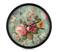 FekiLoot Horloge murale vintage florale moderne sans tic-tac - Horloge ronde silencieuse - Style simple et élégant - Décoration de salle de bain, salon, cuisine, chambre à coucher, bureau, chambre à
