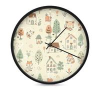 FekiLoot Houses and Trees Horloge murale moderne ronde de 25,4 cm, silencieuse, sans tic-tac, affichage analogique, horloge murale numérique décorative pour salon, salle de ureau