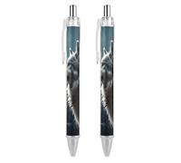FekiLoot Lot de 2 stylos à bille rétractables à encre noire Wolf at Night - Pointe moyenne de 0,5 mm - Motif d'écriture lisse - Grip super doux - Fournitures de travail mignons pour homme et femme