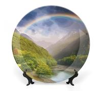 FekiLoot Mountain Valley - Assiette décorative ronde en céramique avec présentoir - Assiettes de service à salade et dessert - Décoration artistique pour cuisine, salle à manger, armoire à vin, 20,3
