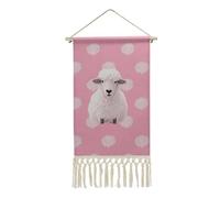 FekiLoot Mouton blanc sur fond avec pompon en lin et coton à suspendre avec cadre en bois - Impression murale pour bureau, maison, chambre à coucher, salon