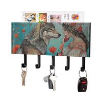 FekiLoot Porte-clés mural adhésif en cuir synthétique avec 5 crochets - Pour entrée, couloir, salon, bureau - Femme et loup