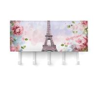 FekiLoot Porte-clés mural autocollant avec 5 crochets pour clés - Motif Tour Eiffel avec fleurs - Sans perçage - Pour entrée, couloir, salon, cuisine, bureau