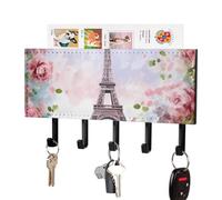 FekiLoot Porte-clés mural autocollant avec 5 crochets pour clés - Motif Tour Eiffel avec fleurs - Sans perçage - Pour entrée, couloir, salon, cuisine, bureau