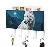 FekiLoot Porte-clés mural en cuir synthétique avec 5 crochets décoratifs pour clés - Motif loup dans la brume - Pour entrée, couloir, bureau, cuisine - Blanc