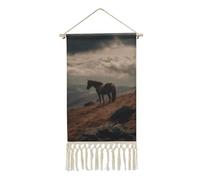 FekiLoot Poster à suspendre cheval sur la montagne avec pompon en lin et coton avec cadre en bois - Impression murale pour bureau, maison, chambre à coucher, salon