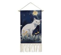 FekiLoot Poster de chat blanc avec pompon en lin et coton à suspendre avec cadre en bois - Impression murale pour bureau, maison, chambre à coucher, salon