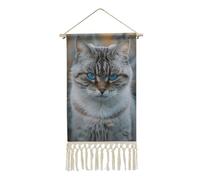 FekiLoot Poster de chat gris et blanc avec pompon en lin et coton à suspendre avec cadre en bois - Impression murale pour bureau, maison, chambre à coucher, salon
