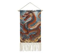 FekiLoot Poster dragon chinois de feu avec pompon en lin et coton à suspendre avec cadre en bois - Impression murale pour bureau, maison, chambre à coucher, salon