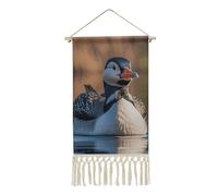 FekiLoot Poster Loon Nature Oiseau avec pompon en lin et coton à suspendre avec cadre en bois - Impression murale pour bureau, maison, chambre à coucher, salon