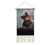 FekiLoot Poster mignon singe avec pompon en lin et coton à suspendre avec cadre en bois - Impression murale pour bureau, maison, chambre à coucher, salon