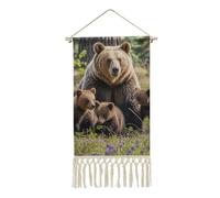 FekiLoot Poster Mother Bear And Her Cubs avec pompon en lin et coton à suspendre avec cadre en bois - Impression murale pour bureau, maison, chambre à coucher, salon