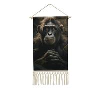 FekiLoot Poster Singe dans la jungle avec pompon en lin et coton à suspendre avec cadre en bois - Impression murale pour bureau, maison, chambre à coucher, salon