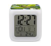 FekiLoot Réveil numérique avec 7 couleurs changeantes - Affichage LED - Motif feuilles vertes et oiseaux - Décoration de chambre - Petites horloges numériques de chevet
