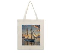 FekiLoot Sac fourre-tout réutilisable en toile légère avec motif bateau à voile au coucher du soleil - Grande capacité - Pour loisirs créatifs