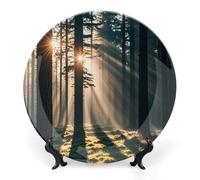 FekiLoot Sunlight Shines Into The Forest Assiette décorative ronde en céramique avec présentoir pour salade et dessert, décoration artistique pour cuisine, salle à manger, armoire à vin, 20,3 cm