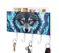 FekiLoot Support mural en cuir synthétique avec 5 crochets décoratifs en forme de tête de loup en flammes bleues - Pour entrée, couloir, bureau, cuisine - Blanc