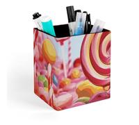 FekiLoot Sweet Candy - Pot à crayons carré pour bureau, porte-pinceaux de maquillage carré pour salle de bain, trousse de rangement en cuir synthétique, boîte de rangement pour stylos