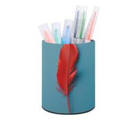 FekiLoot Un pot à crayons rond en cuir synthétique avec plumes rouges - Organiseur de bureau - Boîte de rangement pour papeterie, pinceaux, ciseaux - Pour la maison, l'école et le bureau