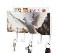 FekiLoot White Dove Flying in The Sun Porte-clés mural en cuir synthétique avec 5 crochets décoratifs pour clés, courrier décoratif pour entrée, couloir, bureau, cuisine Blanc