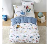 FEKOHIPY Housse de Couette Garçon Pelleteuse Chantier 140x200cm Bleue 3PCS | Parure de Lit Enfant Microfibre, 2 Taies 65x65 cm, Motif Véhicules de Chantier, Idéale pour Garçon