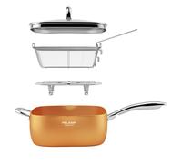 FeLamp Copper Pan Chef Batterie de cuisine, 24,1 cm, poêle à frire carrée profonde et profonde à induction avec couvercle en verre, panier à frire en acier inoxydable, panier à frire vapeur, passe au