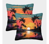 FELASBUID Sunset Beach Scene-Tropical Island Sunset Style Housse Coussin 2 Pièces Available All Seasons Taie d'oreiller Décor Confortable Housses De Coussin pour Salon Maison De Campagne 45x45cm