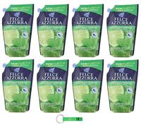 Felce Azzurra Lot de 8 recharges de savon liquide à la menthe et au citron vert 8 x 500 ml - Recharge écologique - 83 % plastique - Savon doux pour les mains avec parfum culte d'Italie + porte-clés