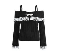 Felcia Chandail élégant pour femmes avec épaules dénudées Y2k Kawaii avec bordure en dentelle, manches longues en tricot ajouré, pullover Streetwear esthétique, a-noir, L