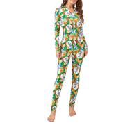 Felcia Combinaison de Noël pour femme - Manches longues - Col en V - Boutonnée - Grenouillère moulante - Flocon de neige - Imprimé élan - Pantalon de nuit, Green Printing G, S