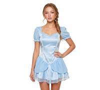 Felcia Costume Cendrillon pour femme - Robe de princesse pour Halloween et | Satin bleu, manches bouffantes, col carré, bordure en dentelle et ourlet à volants superposés, fermeture éclair dans le dos