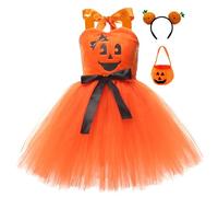 Felcia Costume citrouille d'Halloween pour petite fille - Robe mignonne en tulle sans manches avec bandeau, sac à bonbons, tenue pour fête à thème et costumade (A-orange, 4 à 5 ans)