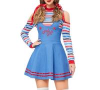 Felcia Costume de poupée tueuse d'Halloween à rayures et épaules dénudées, manches longues avec bretelles, mini jupe pour fête à thème, costumade (A-bleu, XL)