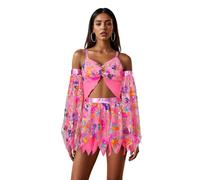 Felcia Costume d'Halloween 3 pièces pour femme - Caraco et mini jupe fluide à manches courtes - Tenue de carnaval (A-rose, L)
