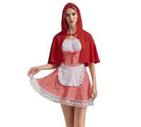 Felcia Costume d'Halloween de Miss Chaperon rouge pour femmes, mini robe corset à manches bouffantes à carreaux avec cape à capuche pour fête costumée (A-rouge, XL)