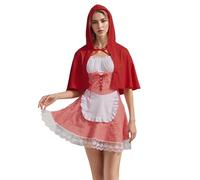 Felcia Costume d'Halloween Miss Rouge, mini robe corset à manches courtes bouffantes à imprimé écossais avec cape à capuche pour femmes (A-rouge, XL)