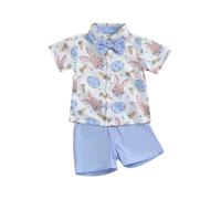 Felcia Ensemble de Pâques pour Bébé Garçon, Tenue d'été avec Chemises à Manches Courtes et Shorts à Boutons, Costume Mignon avec Nœud Papillon, bleu, 18-24 mois