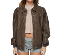 Felcia Femme Veste en Similicuir à Manches Longues Zippée, Coupe Lâche, Blouson de Moto Biker, Coupe Courte, Veste Bomber en PU Oversized, Kaki B., L