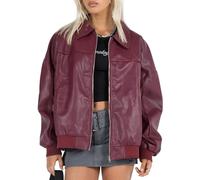 Felcia Femme Veste en Similicuir à Manches Longues Zippée, Coupe Lâche, Blouson de Moto Biker, Coupe Courte, Veste Bomber en PU Oversized, Rouge B., M