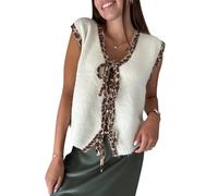 Felcia Gilet en tricot à motif léopard avec imprimé mosaïque, col en V, coupe ample, sans manches, avec lien à l’avant pour femme, Abricot A., S