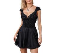 Felcia Mini robe corset d'été à manches courtes sexy avec col en V profond en dentelle patchwork dos nu pour femme, a-noir, L